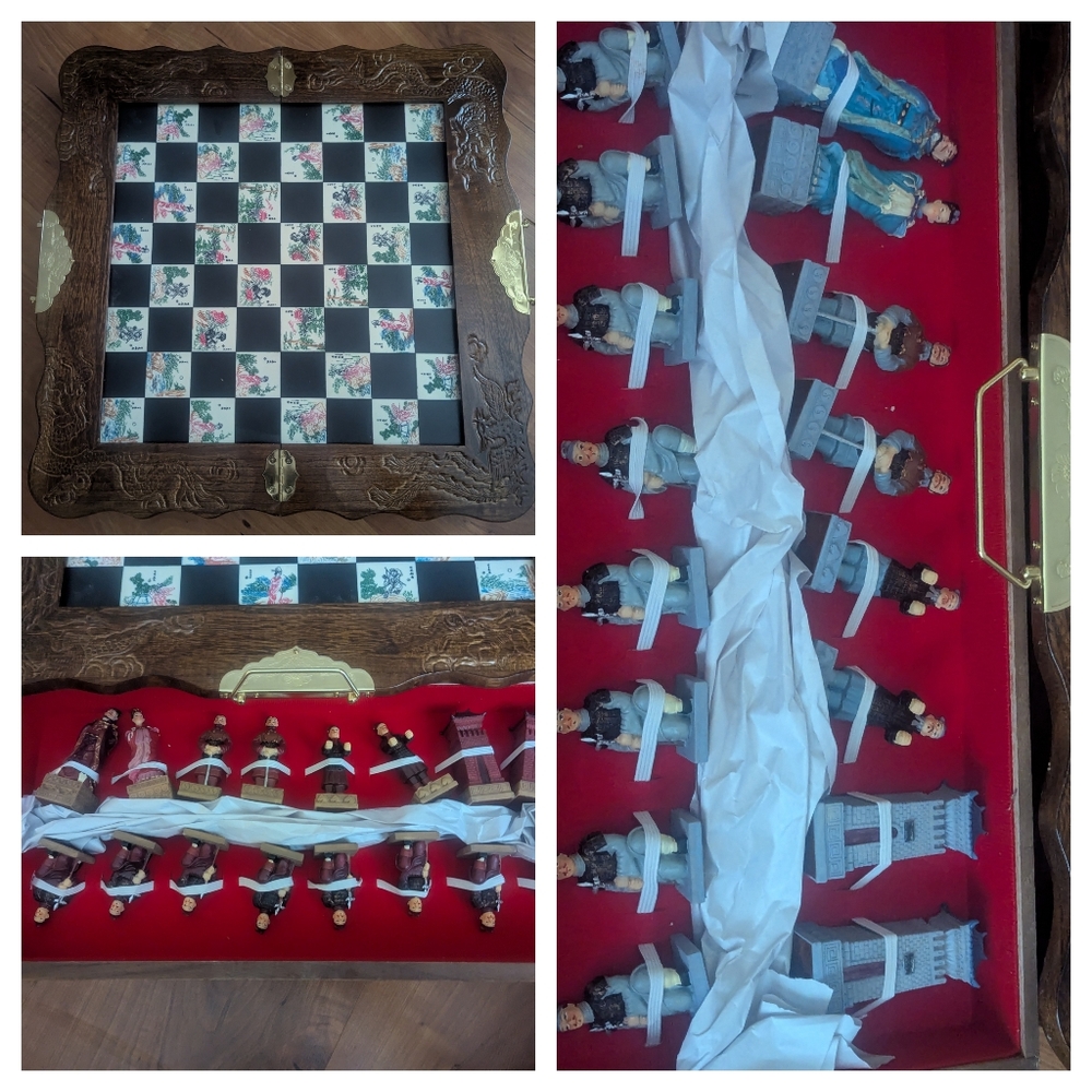 Chinese Asian Dynasty Chess Set Resin Figures Wooden Board Complete